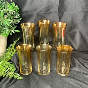 Set of 5 vintage plain amber marigold carnival glass iridescent juice glasses
